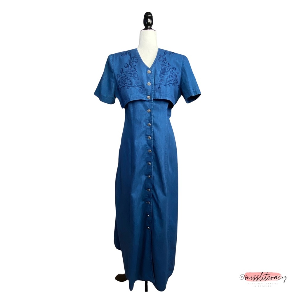 VTG Ladies' Blue Denim Jean Maxi Dress 100% Cotton Short-Sleeve Button Down Gown